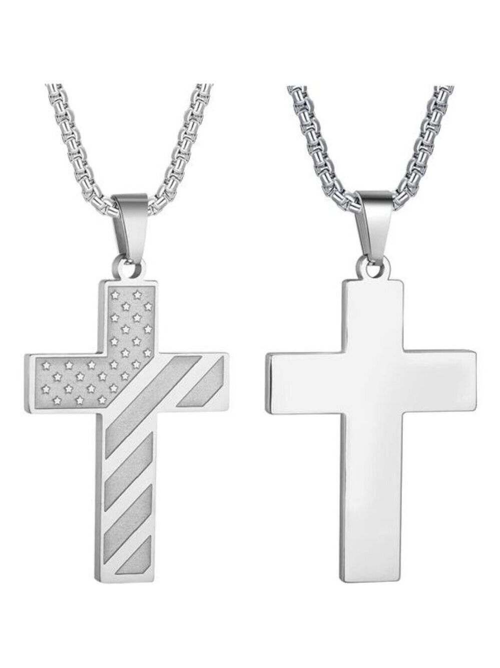 SILVER American Flag Cross Necklace Men Stainless Steel Box Chain 22+2 inch NWT